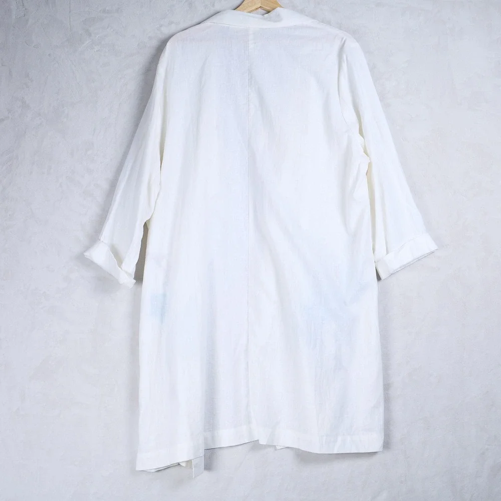 Chico's Long Embroidered Topper Jacket Optic White Floral Linen Blend Size 4